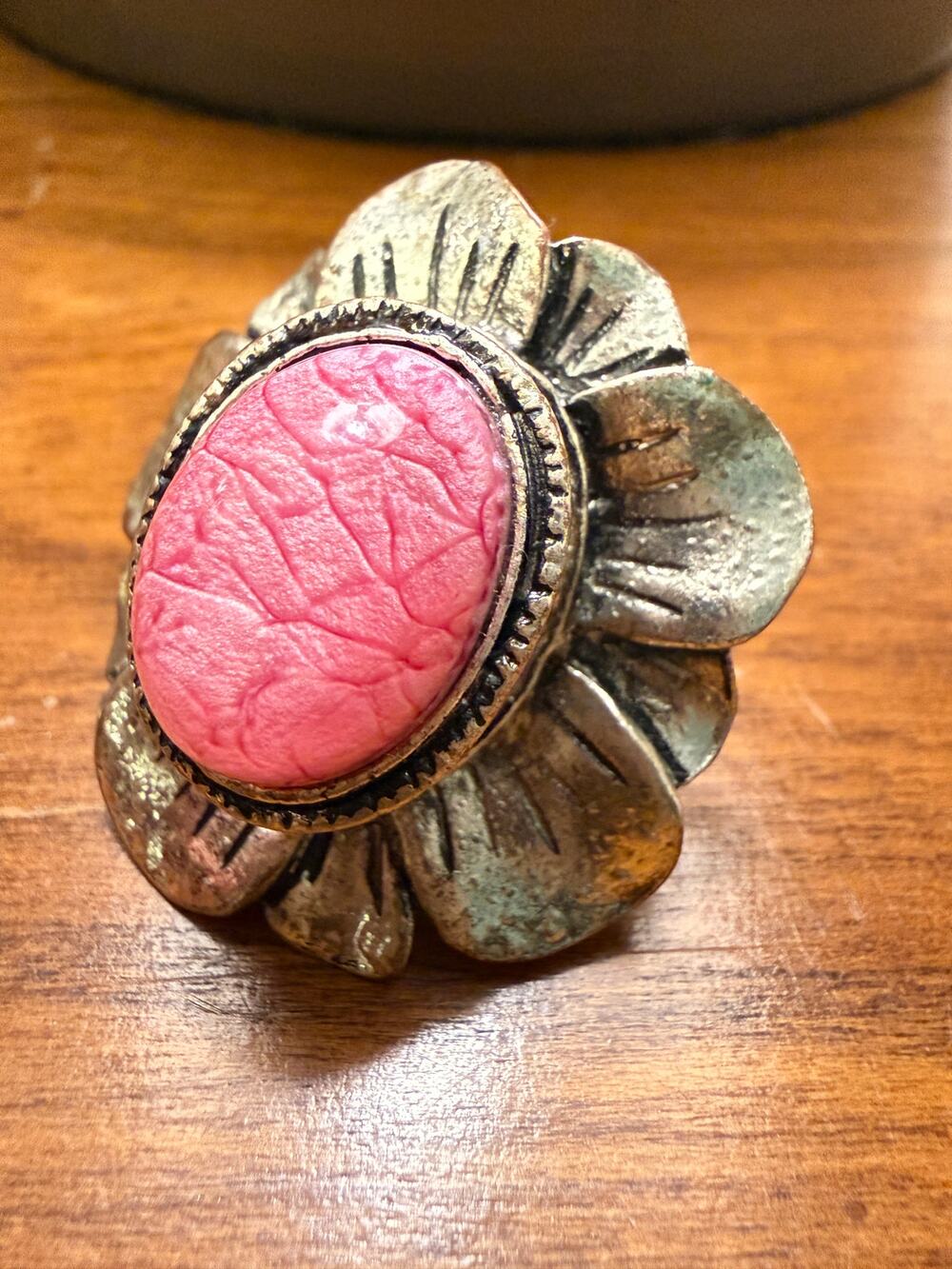 Oversized Pink Crackle Stone Flower Ring Silver Tone Statement Boho Cocktail